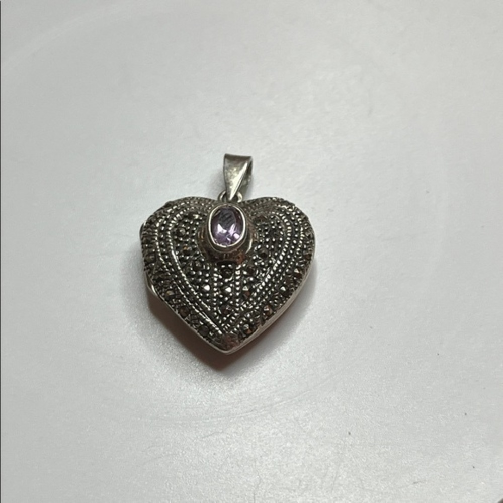Vintage Amethyst Sterling Silver and Marcasite Heart Locket Pendant 925